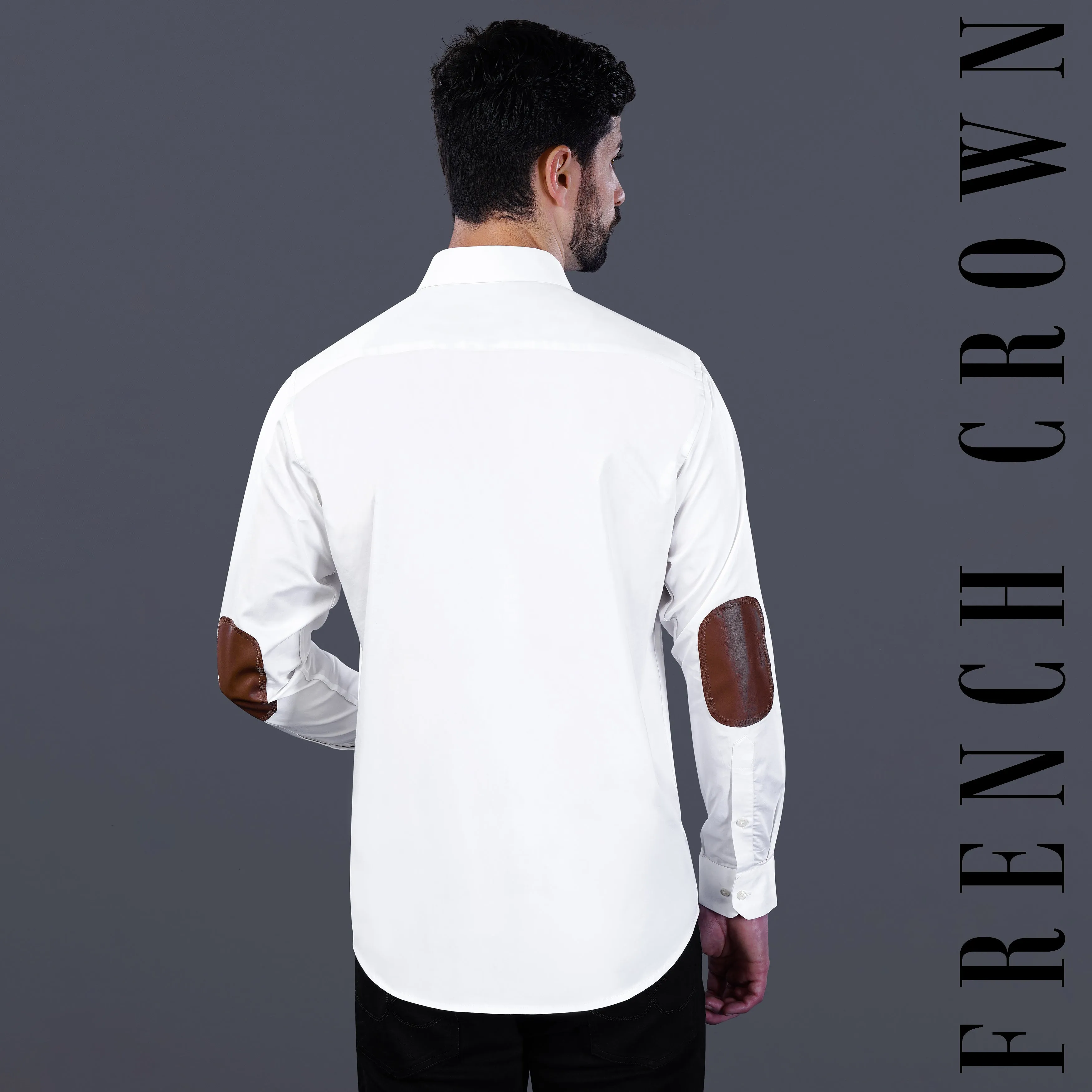 Bright White Subtle Sheen with leather elbow patch Super Soft Premium Cotton Shirt sold by French Crown