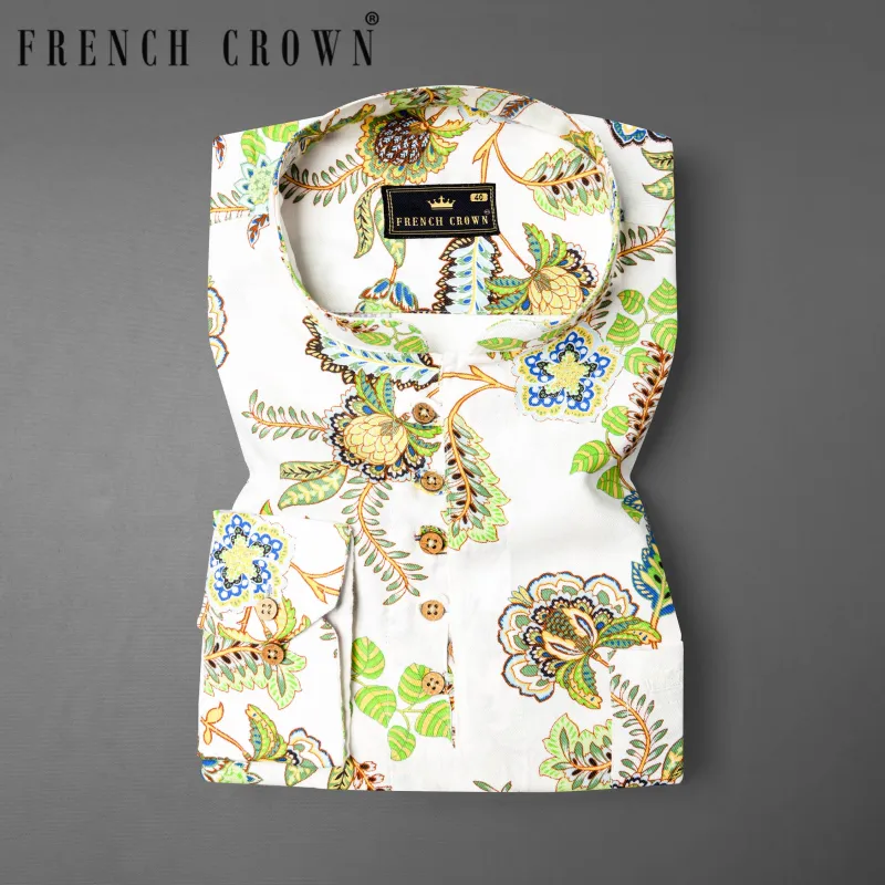 Bright White Damask Inspired Printed Twill Premium Cotton Kurta Shirt sold by French Crown