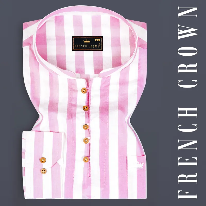 Bright White and Cherub Pink Striped Premium Cotton Kurta Shirt sold by French Crown