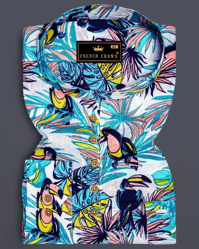 White with tonal blue Tropical Printed Luxurious Linen Kurta Shirt sold by French Crown