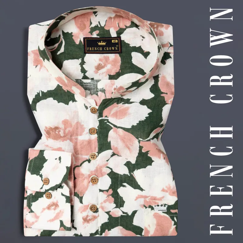 Siam Green Floral Printed Luxurious Linen Kurta Shirt sold by French Crown