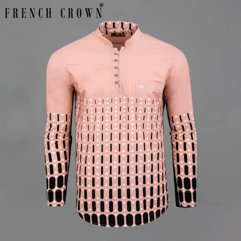 Misty Rose and Black Geometric Print Premium Cotton Kurta Shirt sold by French Crown