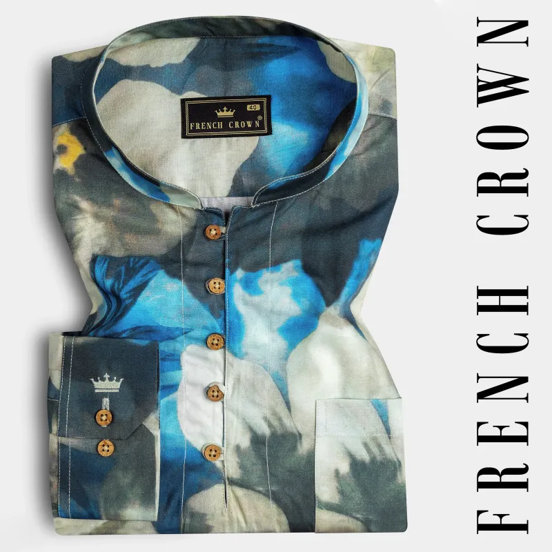 Mackerel Blue Floral Printed Premium Cotton Kurta Shirt sold by French Crown