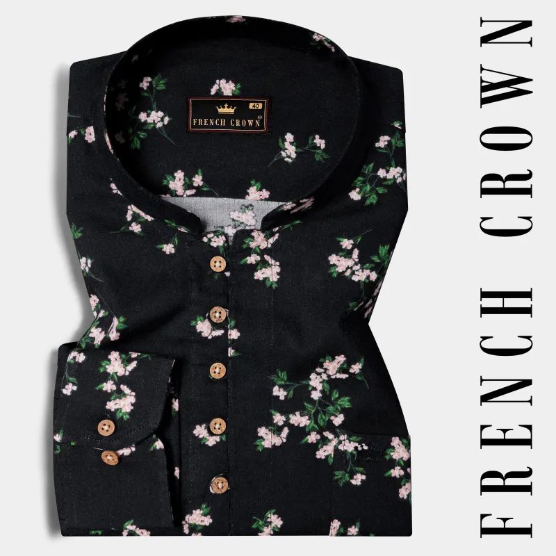 Jade Black Floral Printed Premium Tencel Kurta Shirt sold by French Crown