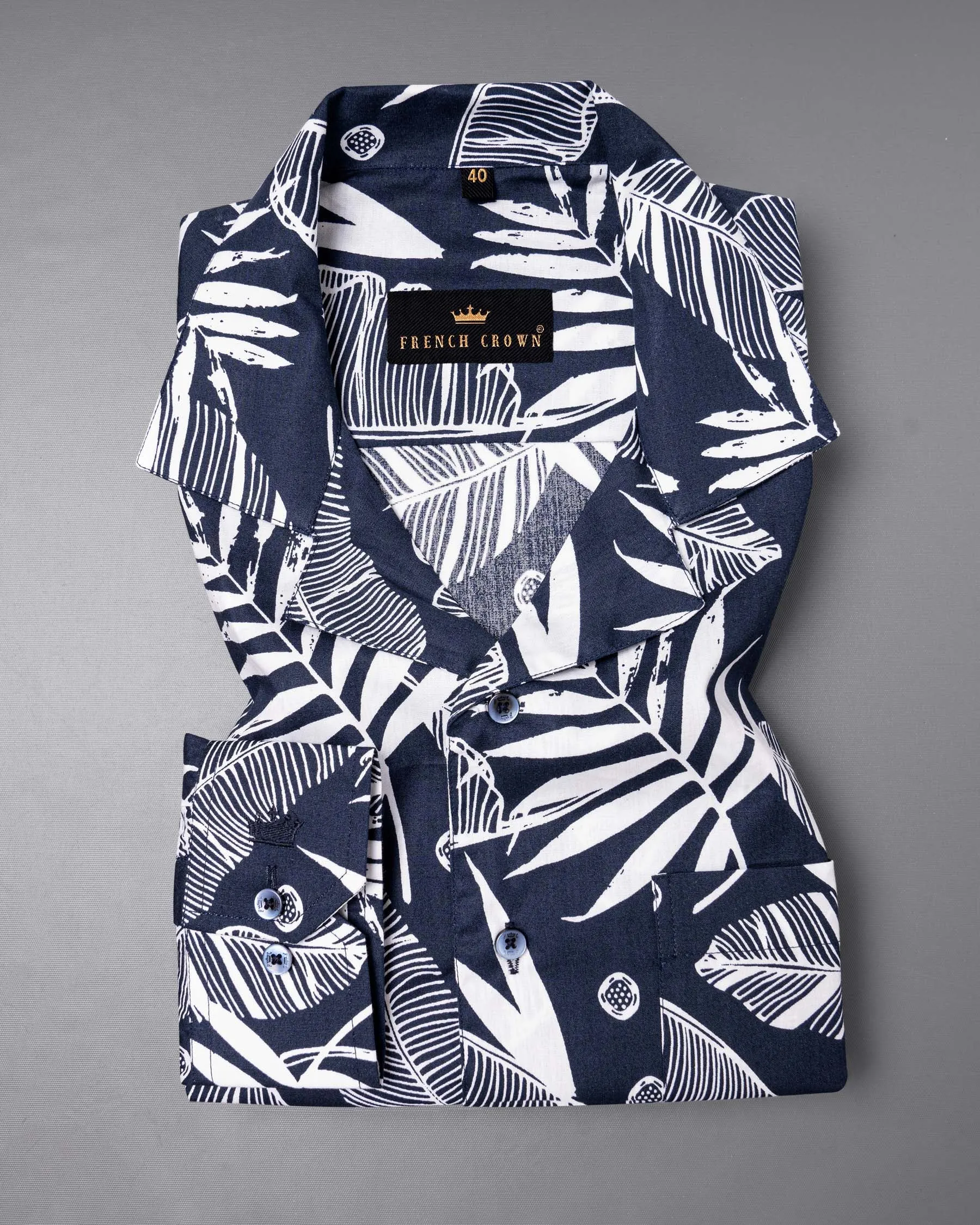 Bunting Blue Leaves Printed Premium Cotton Shirt sold by French Crown product image thumbnail 5