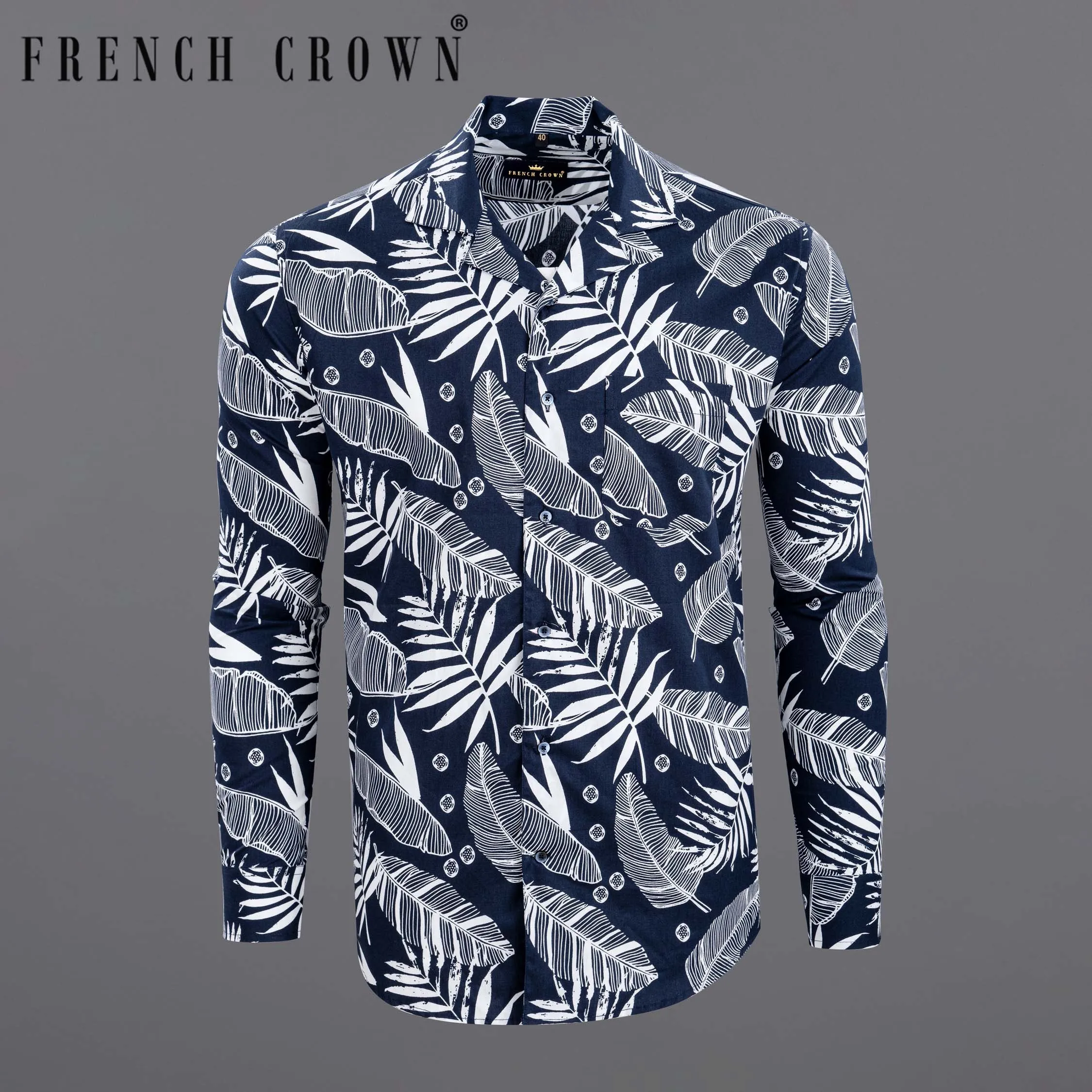 Bunting Blue Leaves Printed Premium Cotton Shirt sold by French Crown