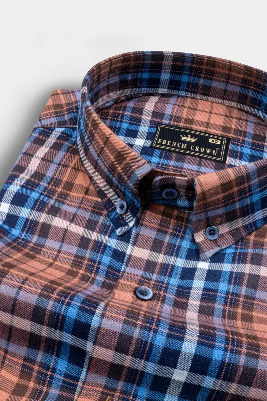 Brown with Danube Blue Twill Plaid Premium Cotton Shirt sold by French Crown