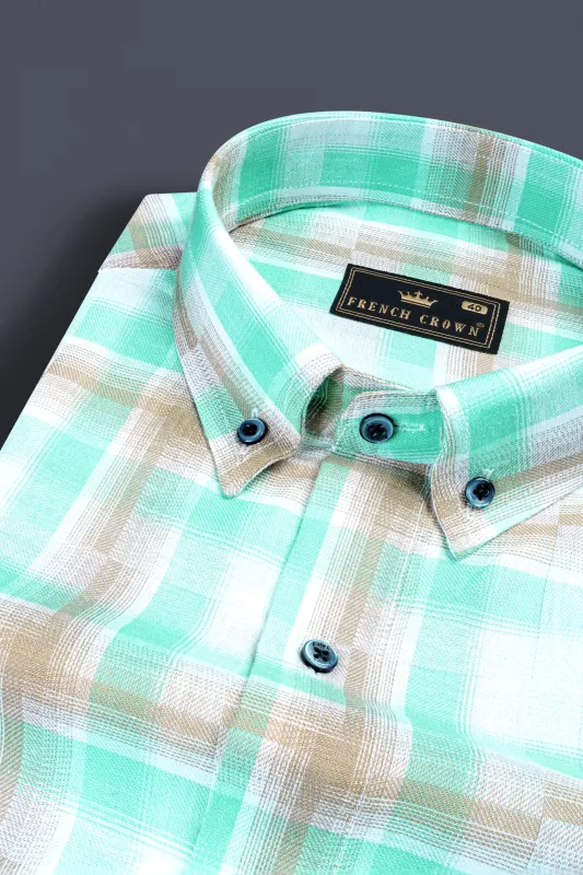 Bright White with Pavlova Brown and Riptide Green Twill Plaid Premium Cotton Shirt sold by French Crown