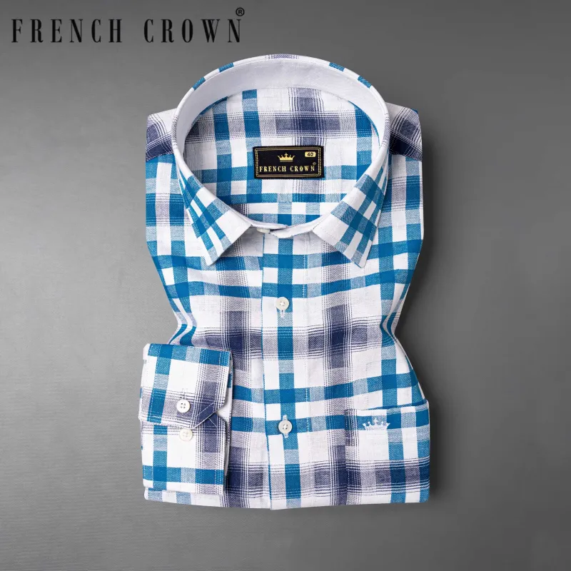 Bright White with Madison Blue Checkered Twill Premium Cotton Shirt sold by French Crown