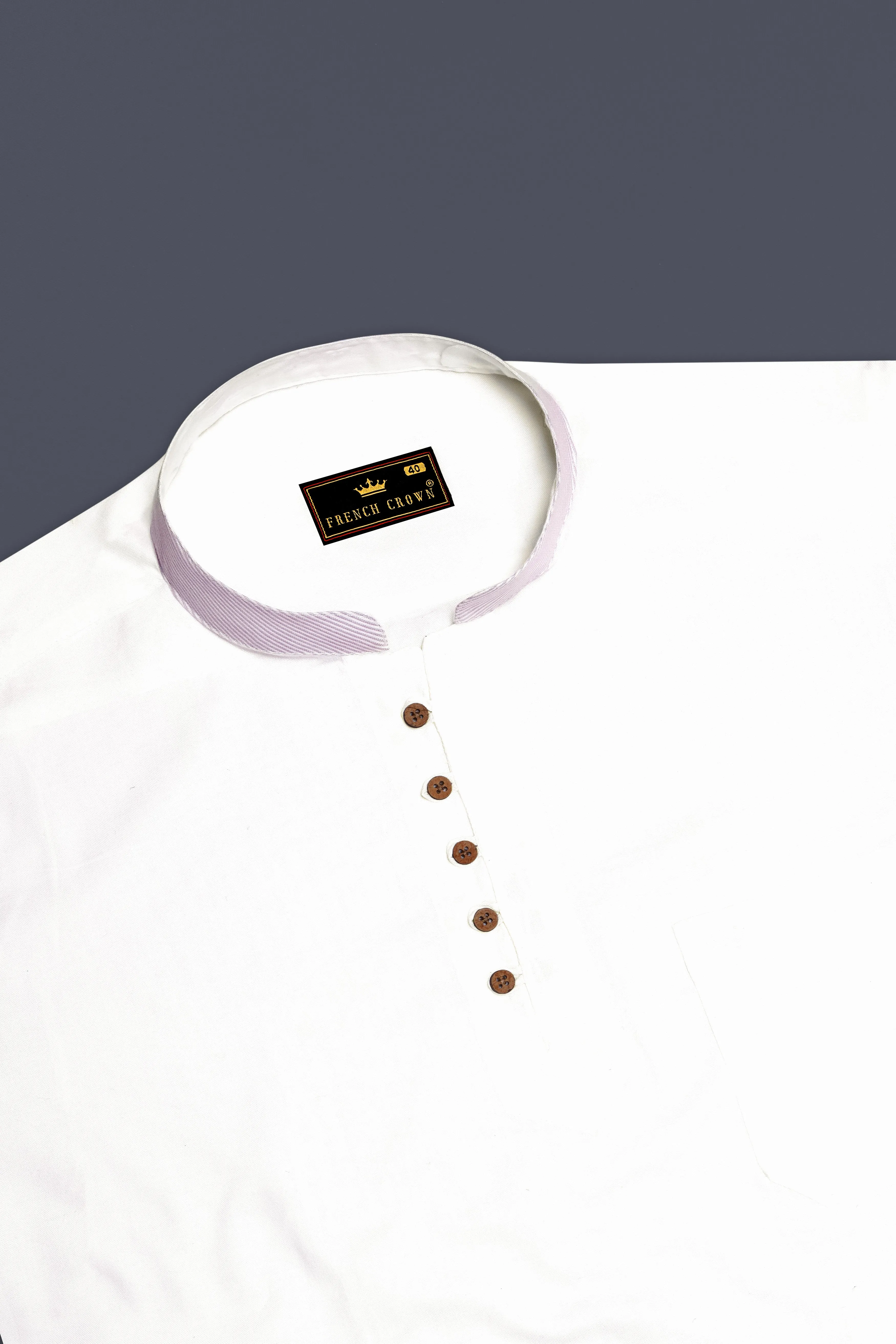 Bright White with lilac Cuff-Collar Royal Oxford Kurta Shirt sold by French Crown product image thumbnail 5