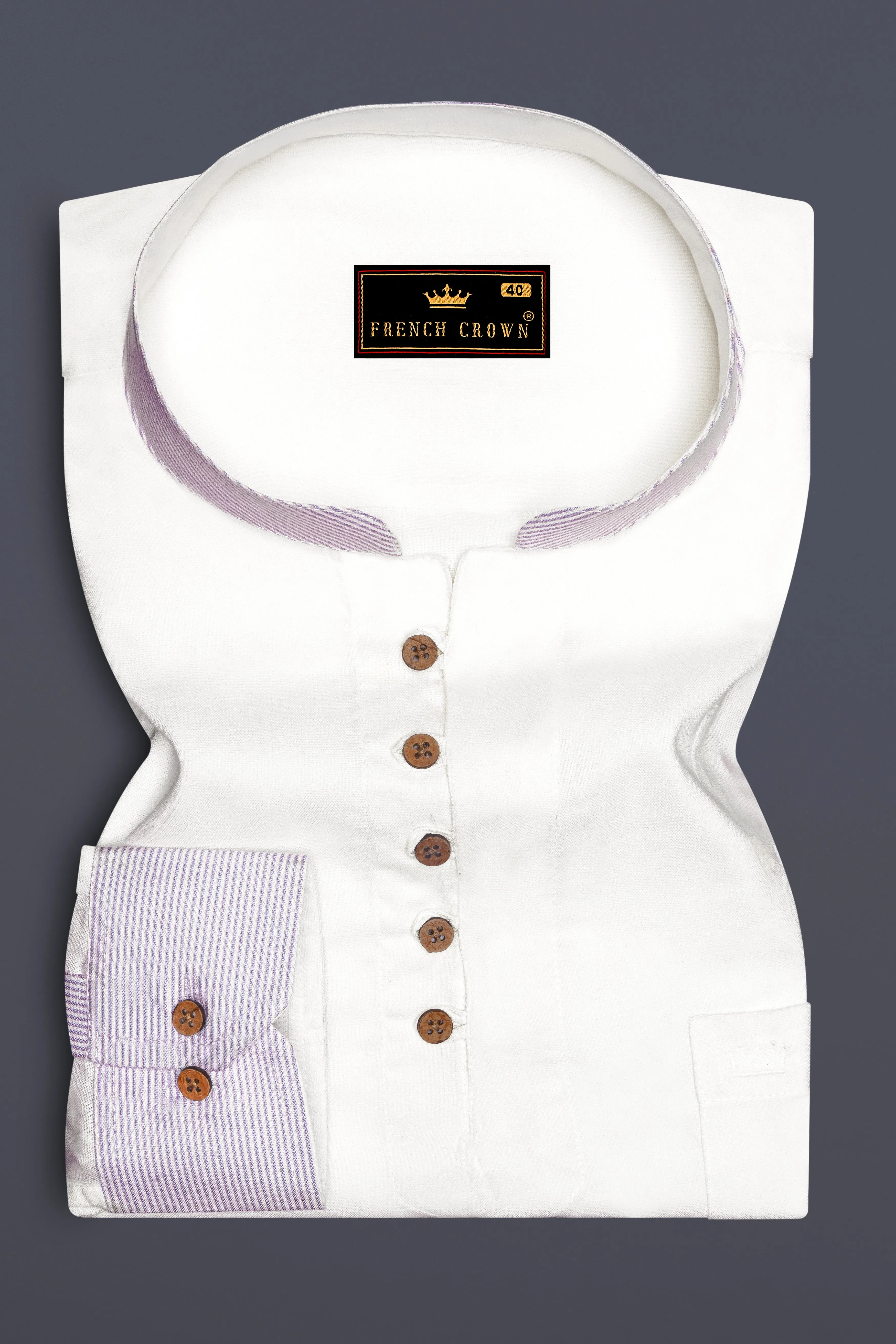 Bright White with lilac Cuff-Collar Royal Oxford Kurta Shirt sold by French Crown product image thumbnail 2
