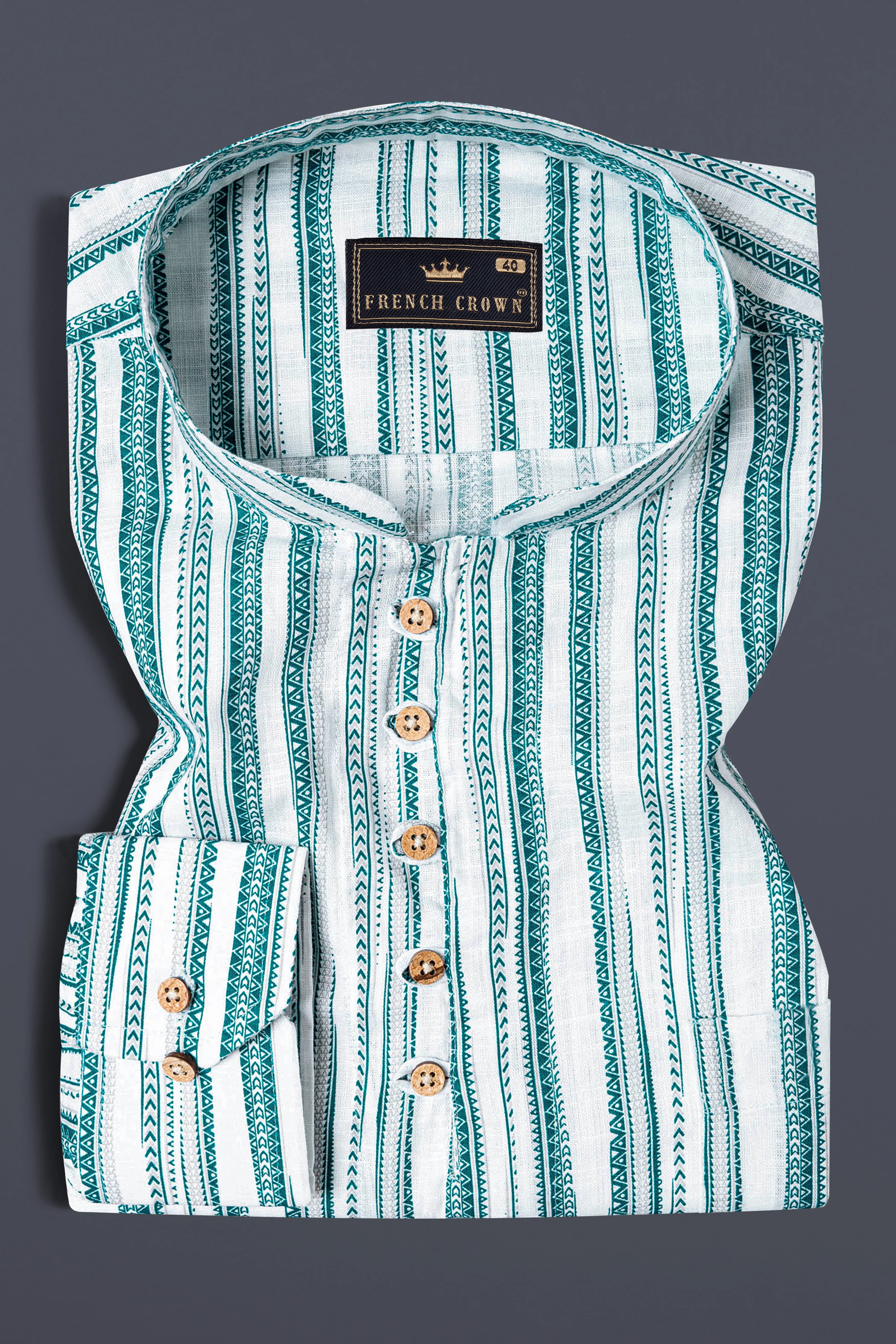 Bright White with green African art-inspired Stripes Luxurious Linen Kurta Shirt sold by French Crown product image thumbnail 2