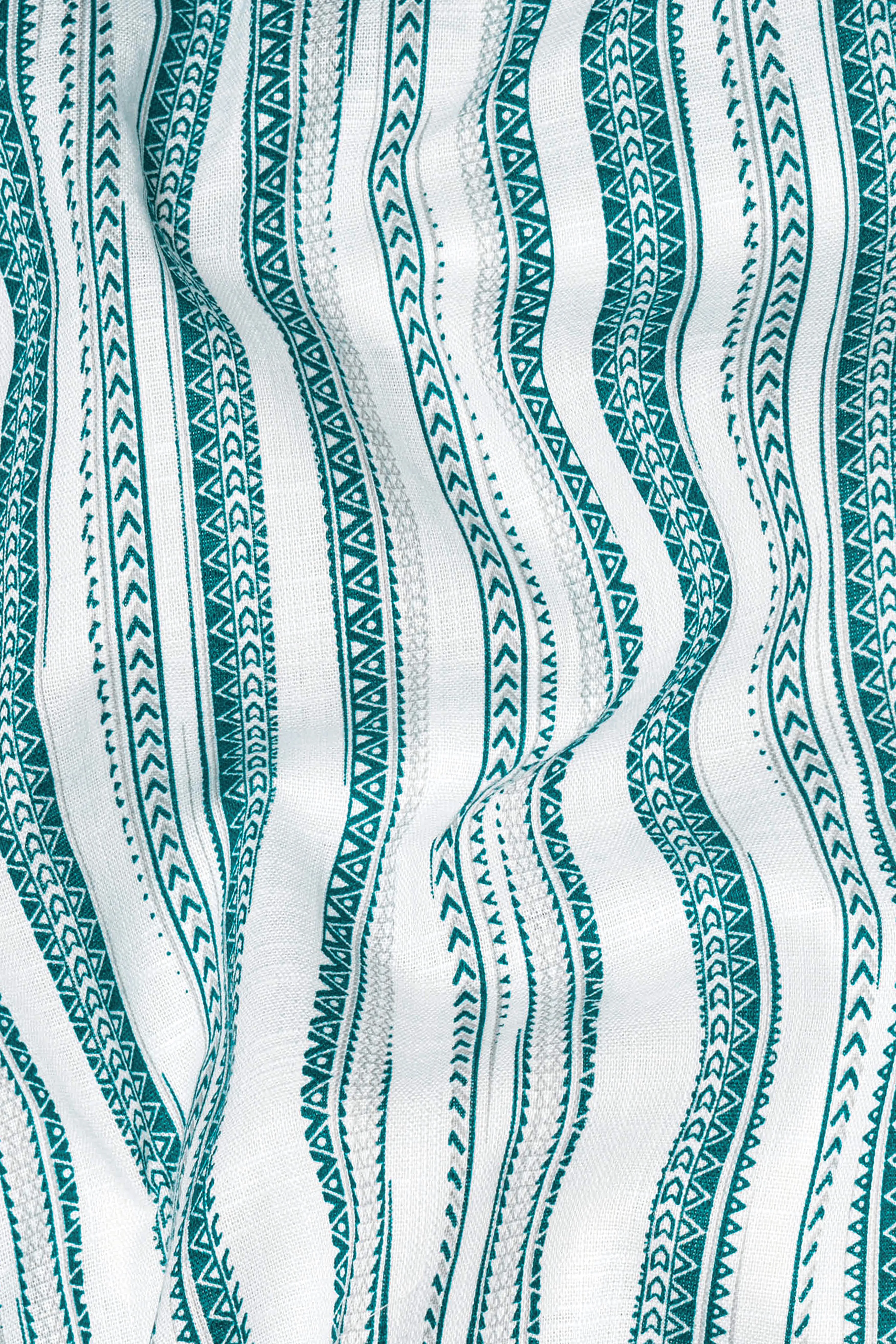 Bright White with green African art-inspired Stripes Luxurious Linen Kurta Shirt sold by French Crown product image thumbnail 3