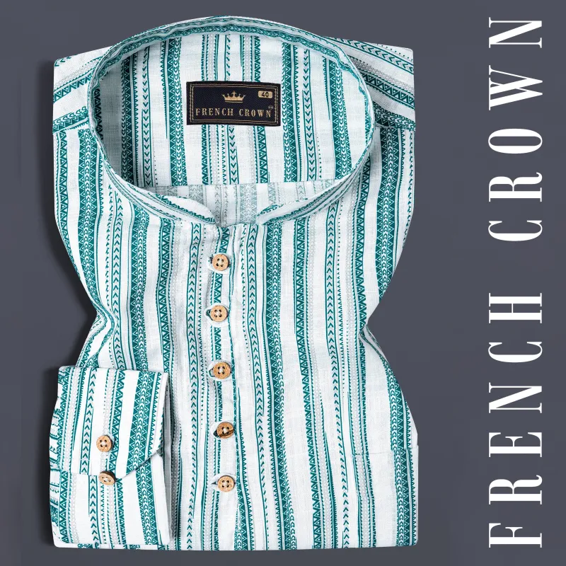 Bright White with green African art-inspired Stripes Luxurious Linen Kurta Shirt made by French Crown