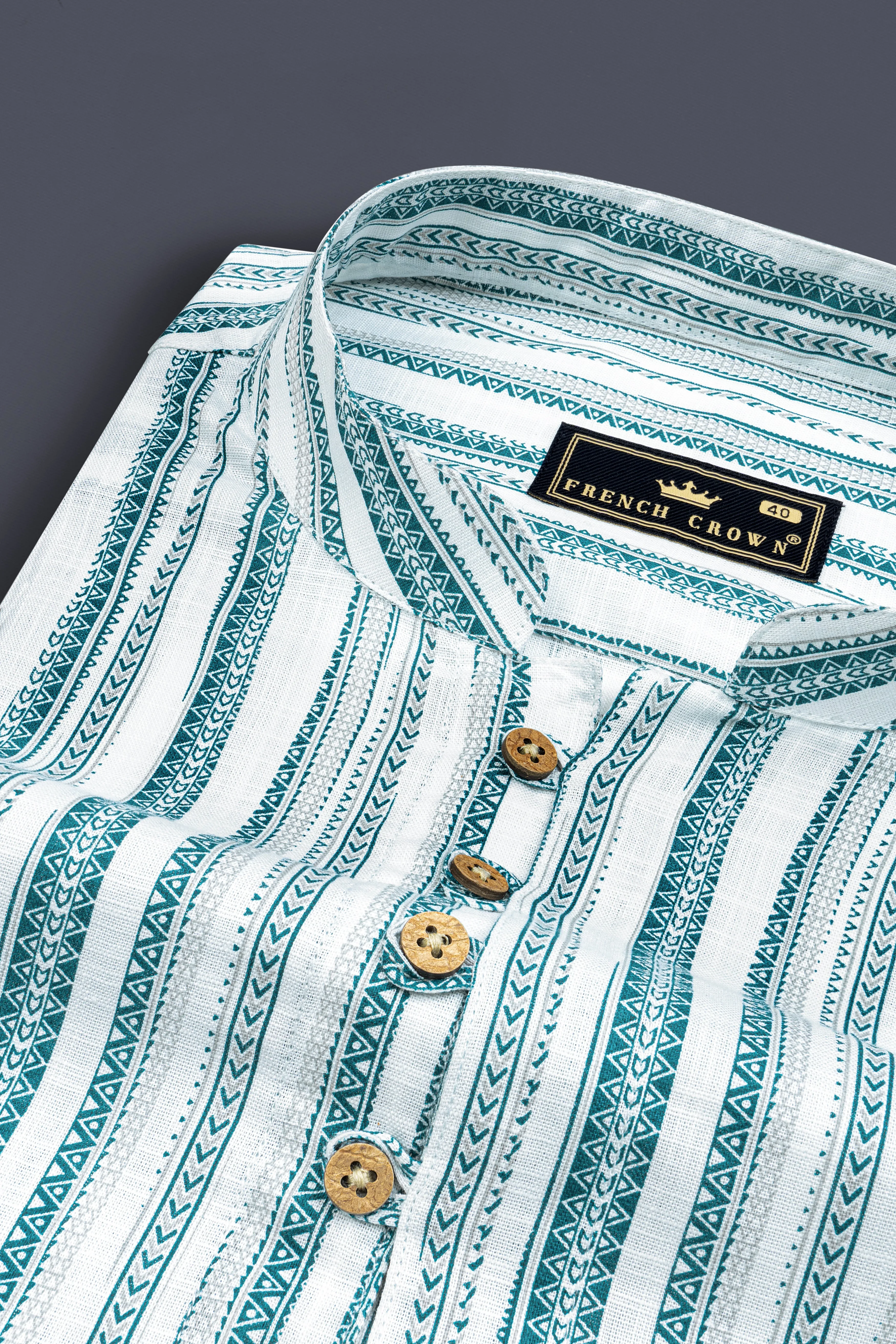 Bright White with green African art-inspired Stripes Luxurious Linen Kurta Shirt sold by French Crown product image thumbnail 4