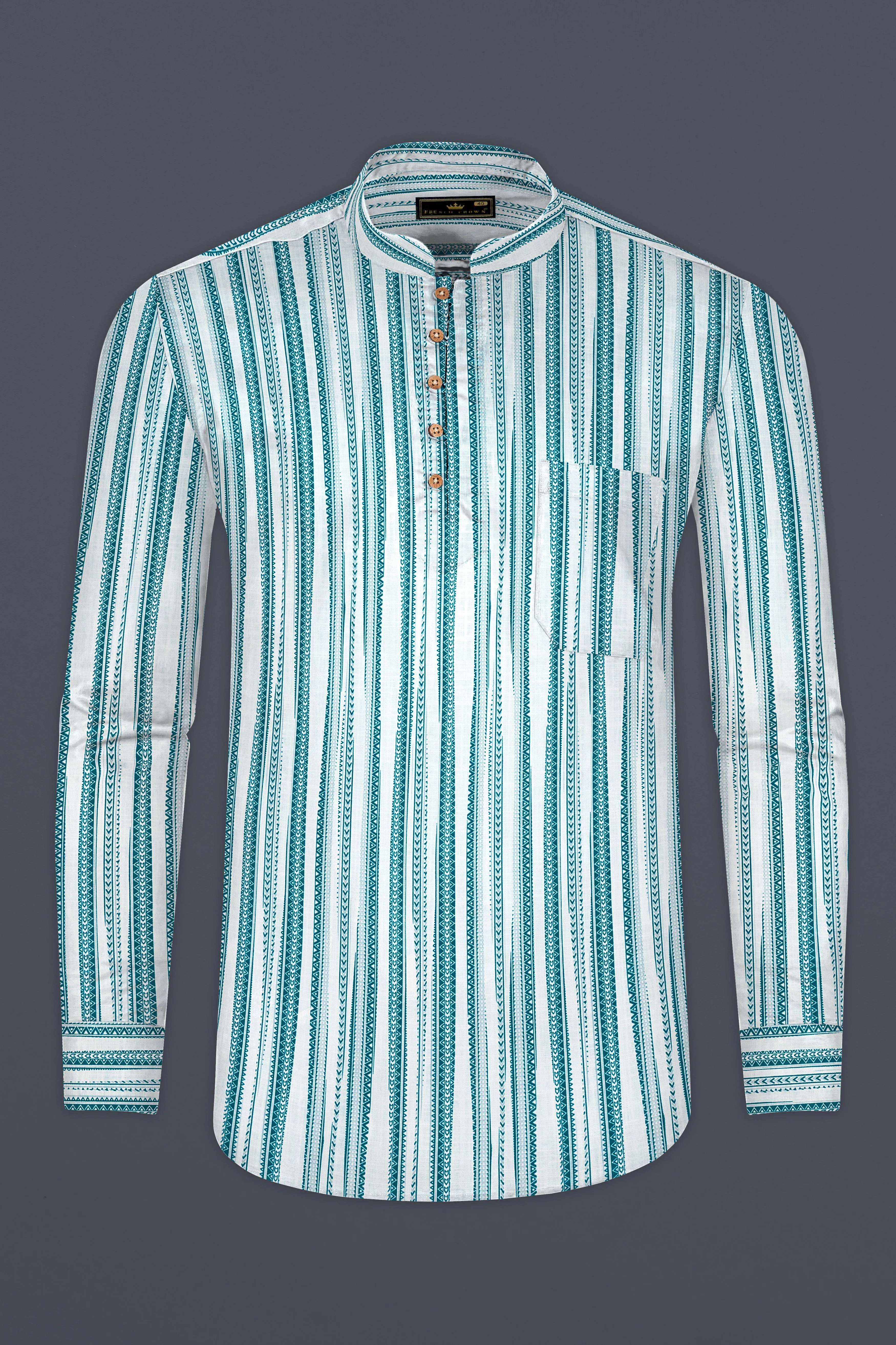 Bright White with green African art-inspired Stripes Luxurious Linen Kurta Shirt sold by French Crown product image thumbnail 5