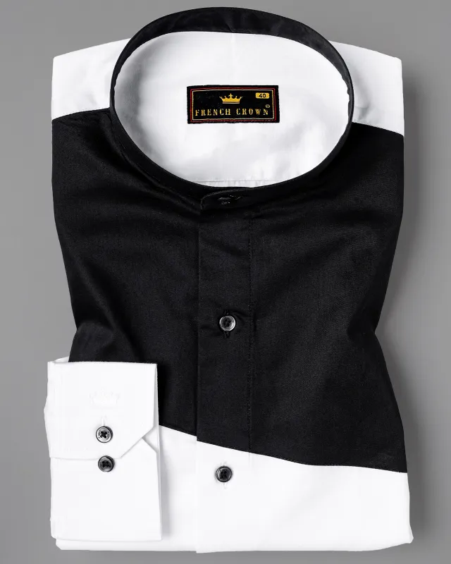 Bright White Subtle Sheen With Black Patch Giza Cotton Shirt sold by French Crown