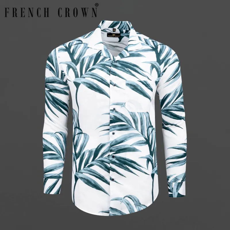 Bright White Leaves Printed Premium Cotton Shirt sold by French Crown