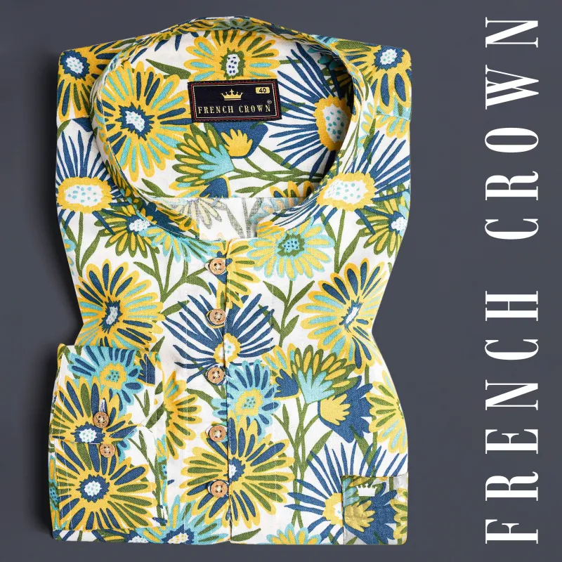 Bright Sun Yellow Tropical Printed Oxford Kurta Shirt sold by French Crown