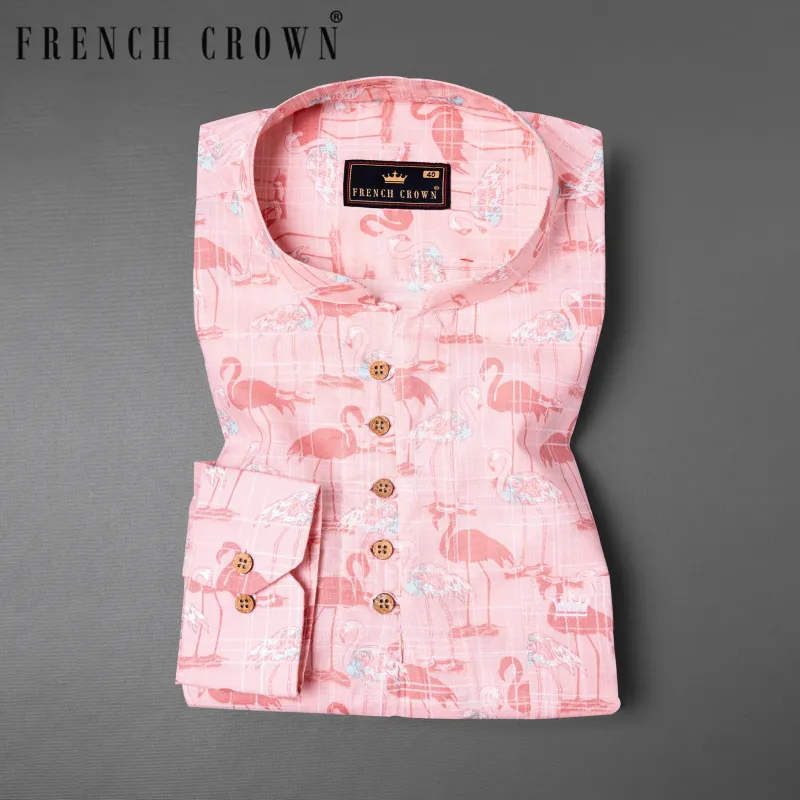 Azalea Pink Flamingo Printed Luxurious Linen Kurta Shirt sold by French Crown