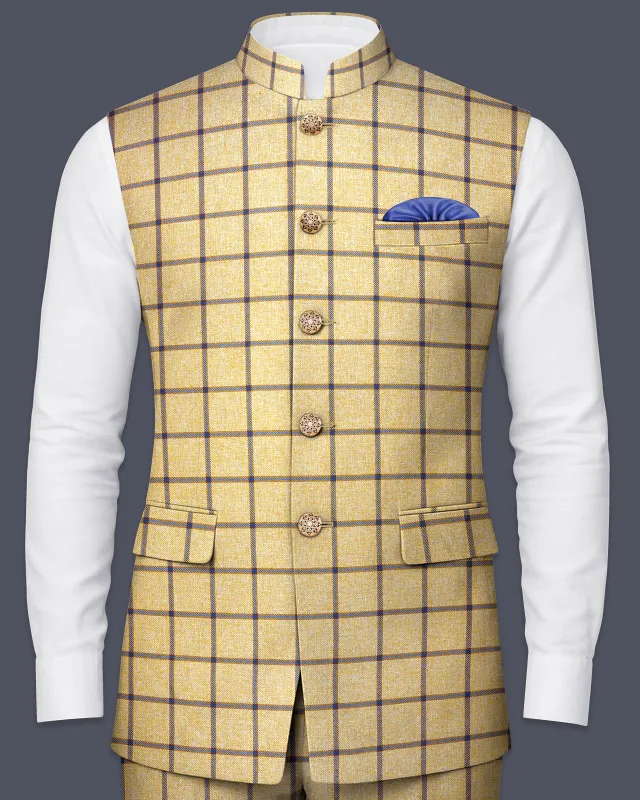 Mongoose Brown with Dianne Blue Windowpane Bandhgala Nehru Jacket sold by French Crown