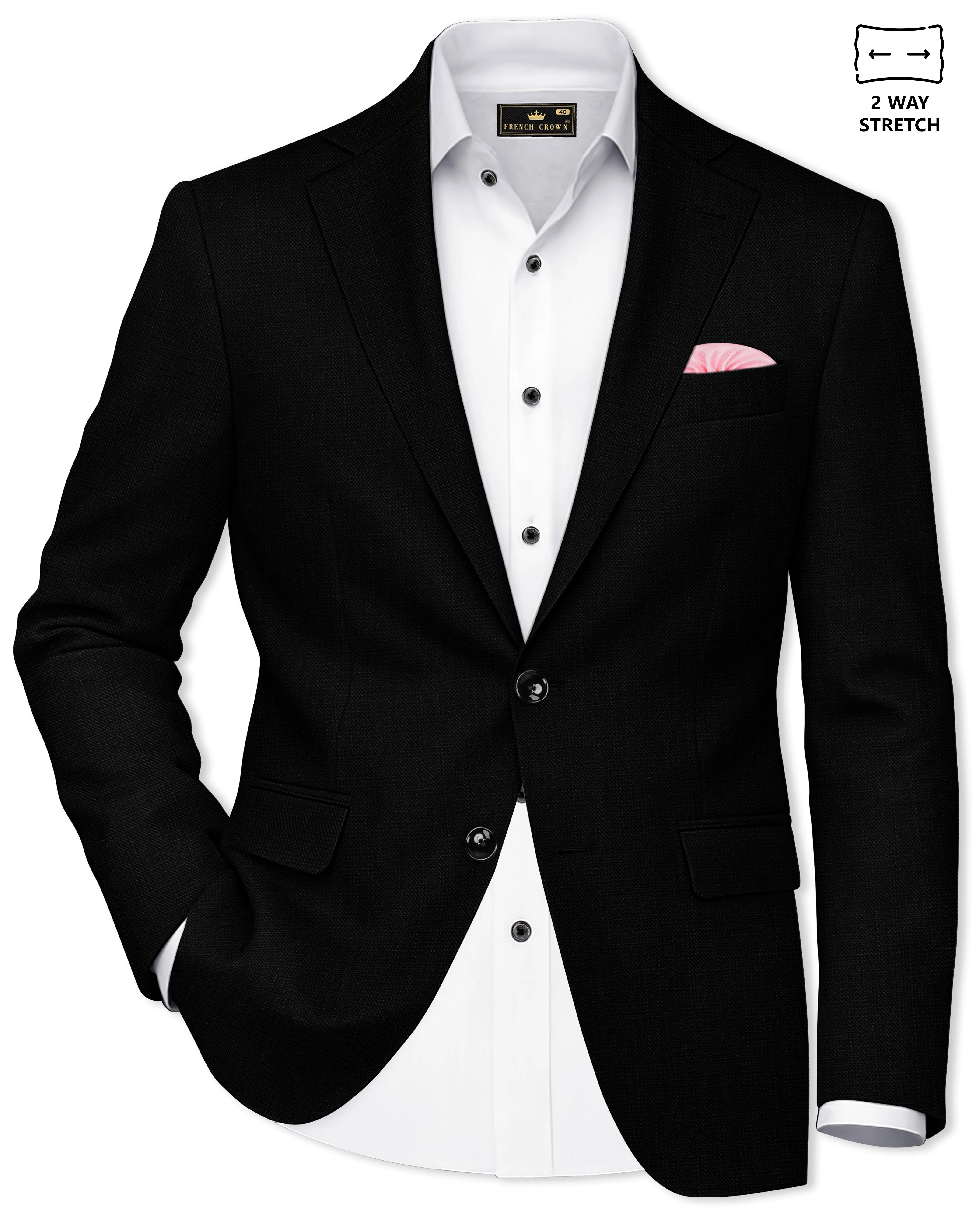 Jade Black Luxurious Linen Single Breasted Stretchable traveler Blazer sold by French Crown