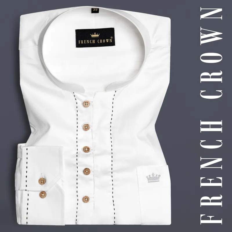 Bright White Subtle Sheen Rice Stitching Patterned Indian Kurta Style Super Soft Giza Cotton SHIRT sold by French Crown