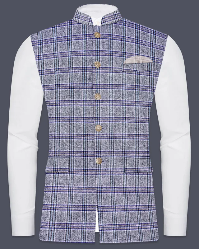 StarDust Gray with Martinique Blue Plaid Bandhgala Nehru Jacket sold by French Crown