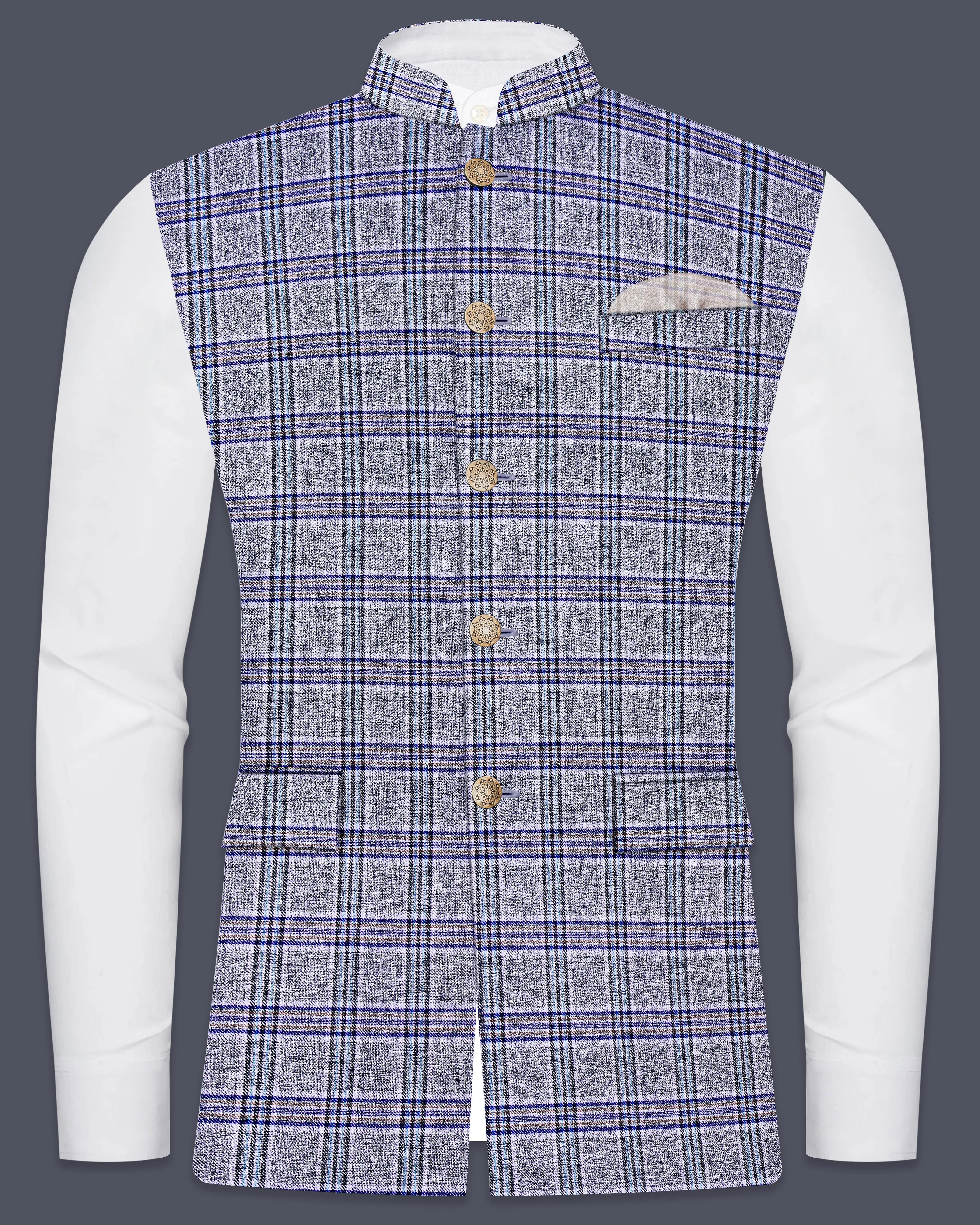 StarDust Gray with Martinique Blue Plaid Bandhgala Nehru Jacket sold by French Crown