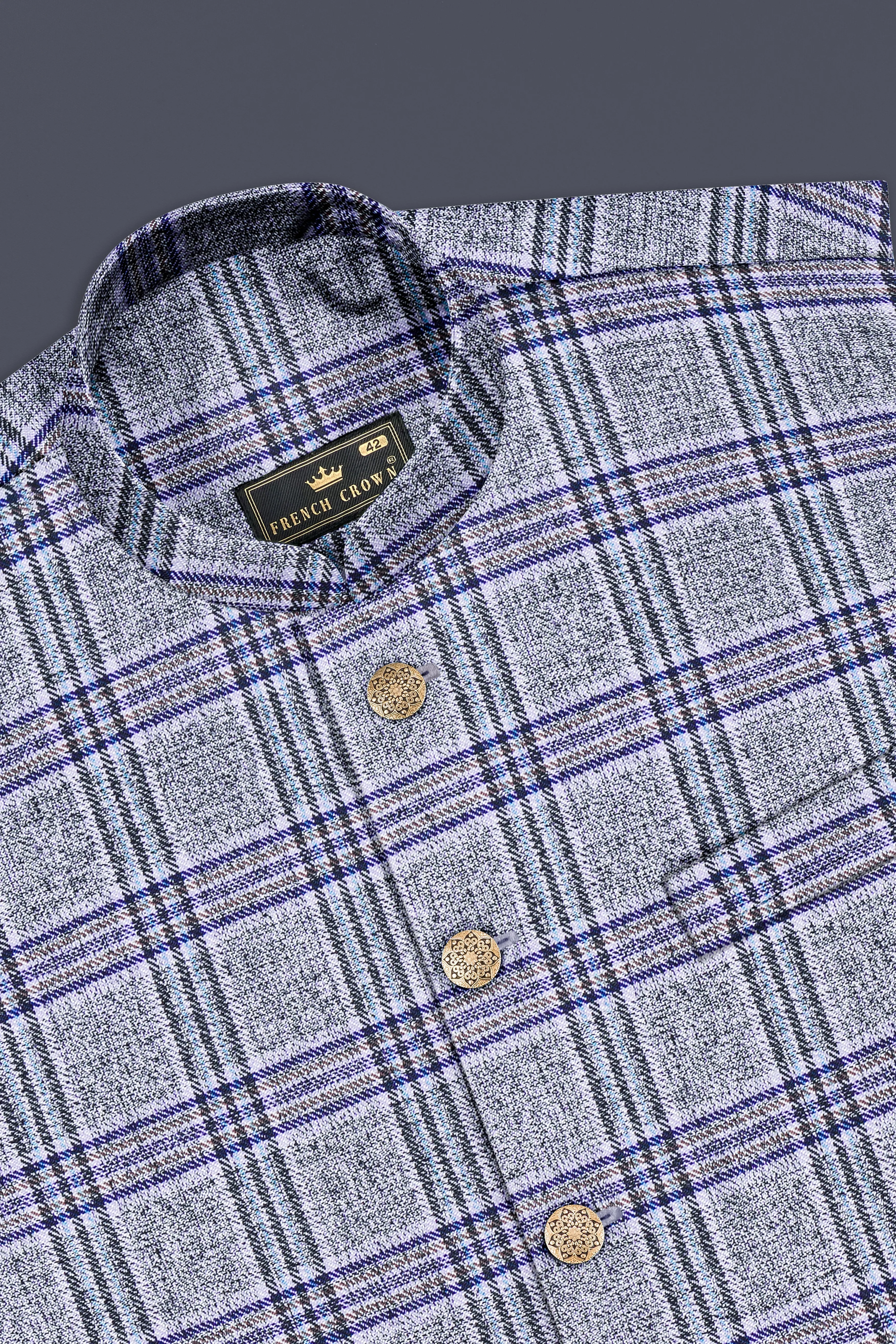 StarDust Gray with Martinique Blue Plaid Bandhgala Nehru Jacket sold by French Crown product image thumbnail 5