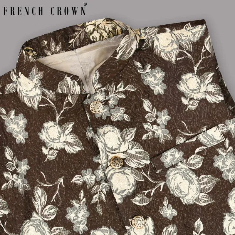 Chocolate Brown with Metal Threading Jacquard Designer Nehru Jacket sold by French Crown