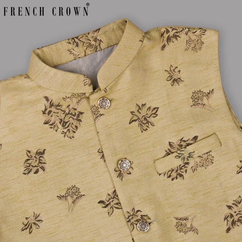 Peanut Brown Motif Jacquard Premium Designer Nehru Jacket sold by French Crown