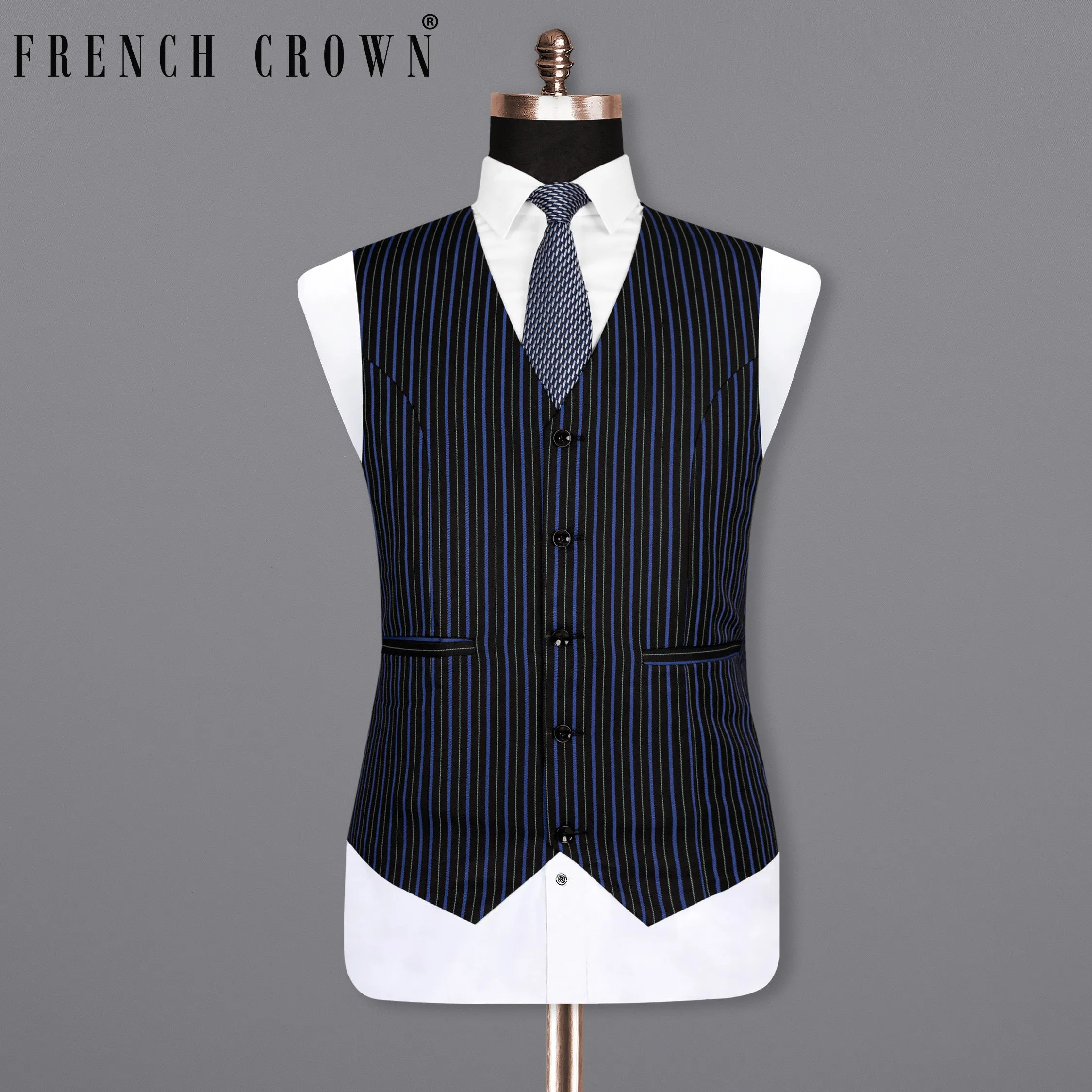 Jade Black and Mariner Blue Striped Woolrich Waistcoat sold by French Crown