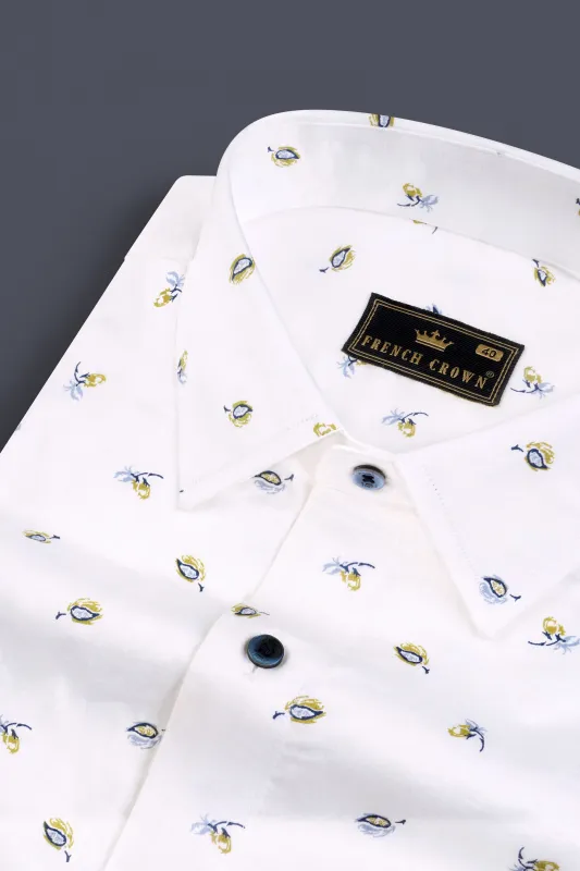 Bright White Printed Super Soft Leaves Printed Premium Cotton Shirt sold by French Crown