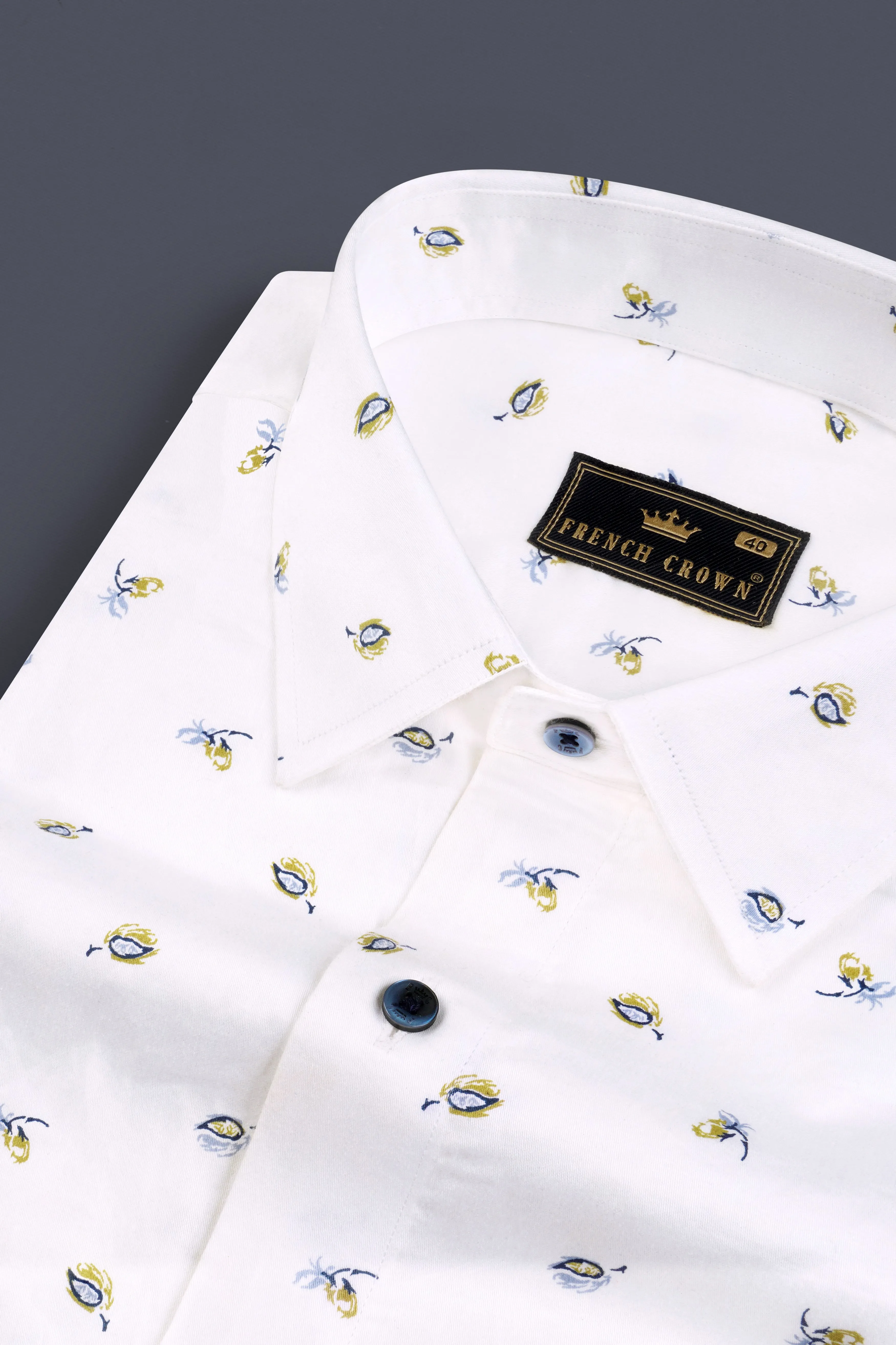 Bright White Printed Super Soft Leaves Printed Premium Cotton Shirt sold by French Crown