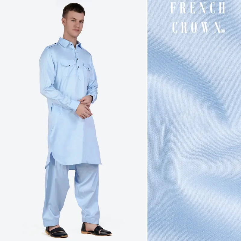 Tropical Blue Subtle Sheen Super Soft Premium Cotton Pathani Set sold by French Crown