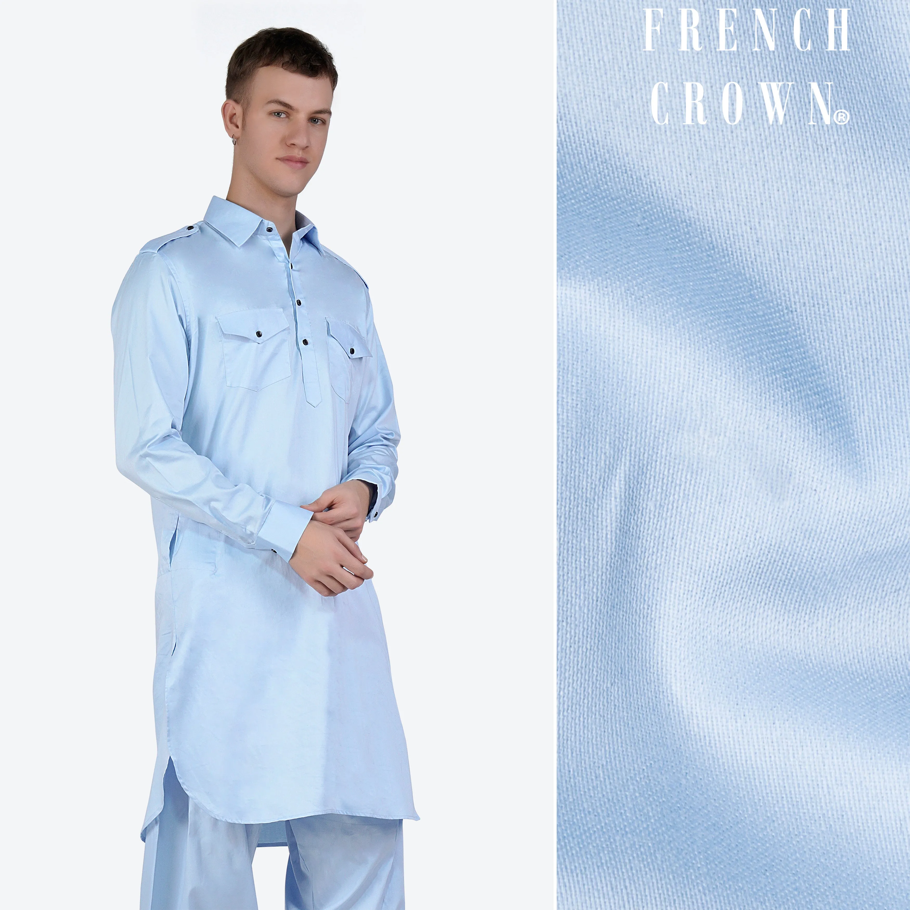Tropical Blue Subtle Sheen Super Soft Premium Cotton Pathani Kurta sold by French Crown