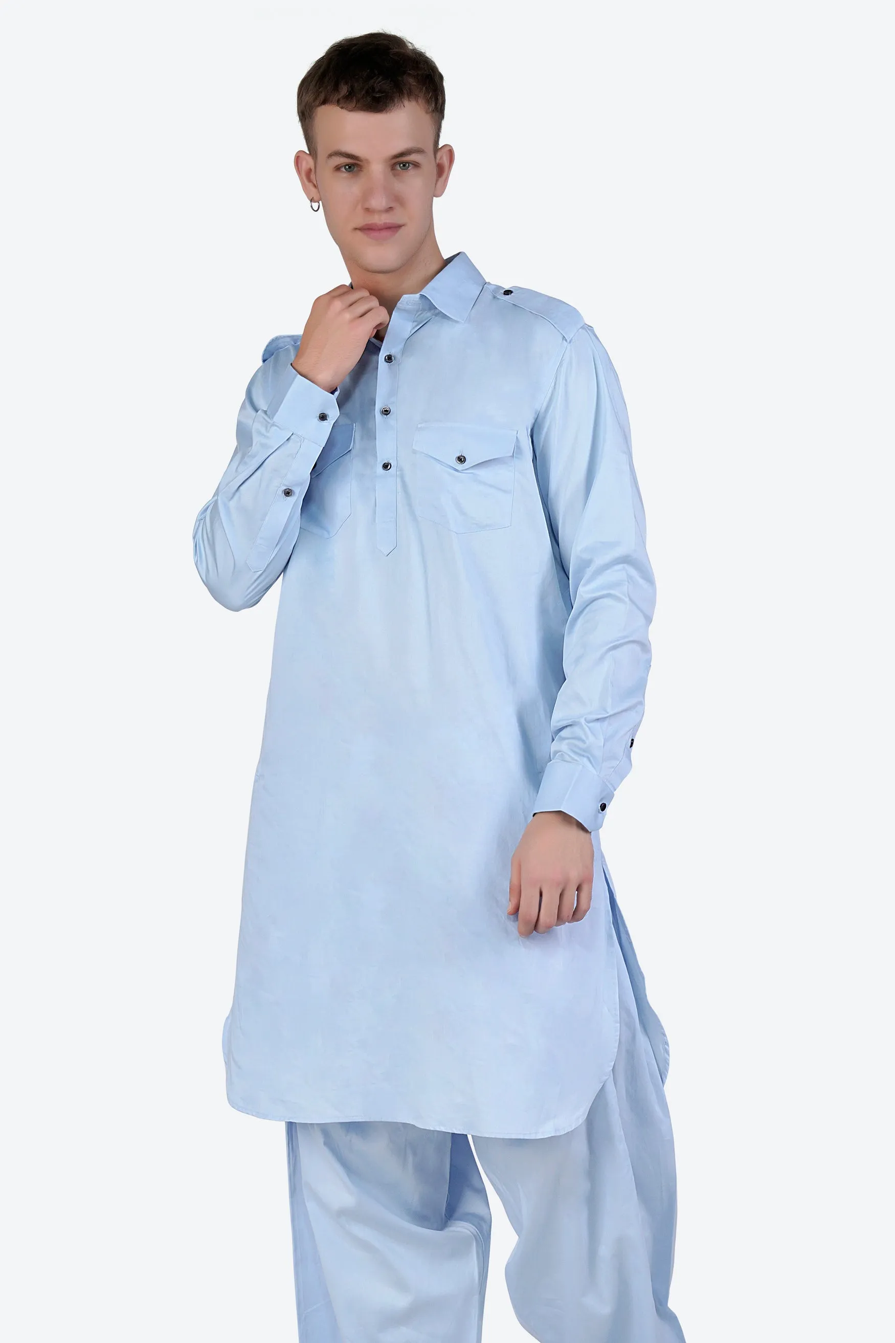Tropical Blue Subtle Sheen Super Soft Premium Cotton Pathani Kurta sold by French Crown product image thumbnail 5