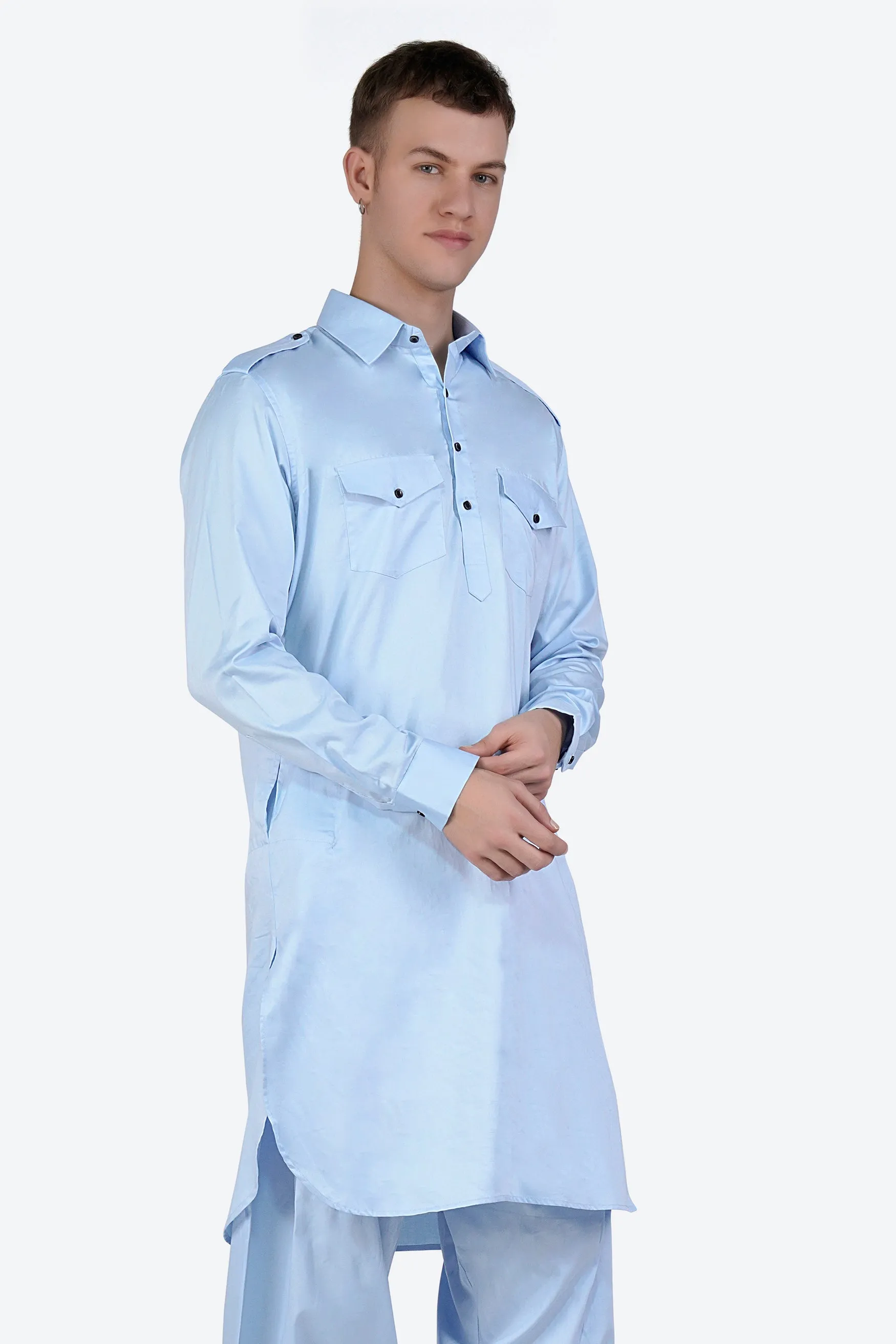 Tropical Blue Subtle Sheen Super Soft Premium Cotton Pathani Kurta sold by French Crown product image thumbnail 2