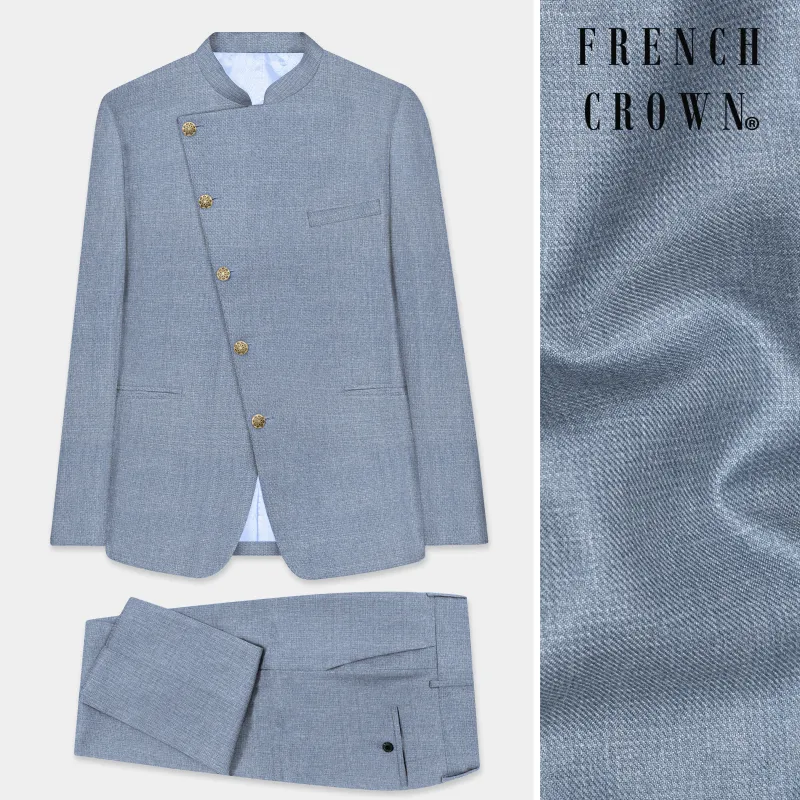 Bluish Windowpane Wool Rich Cross Placket Bandhgala Suit sold by French Crown