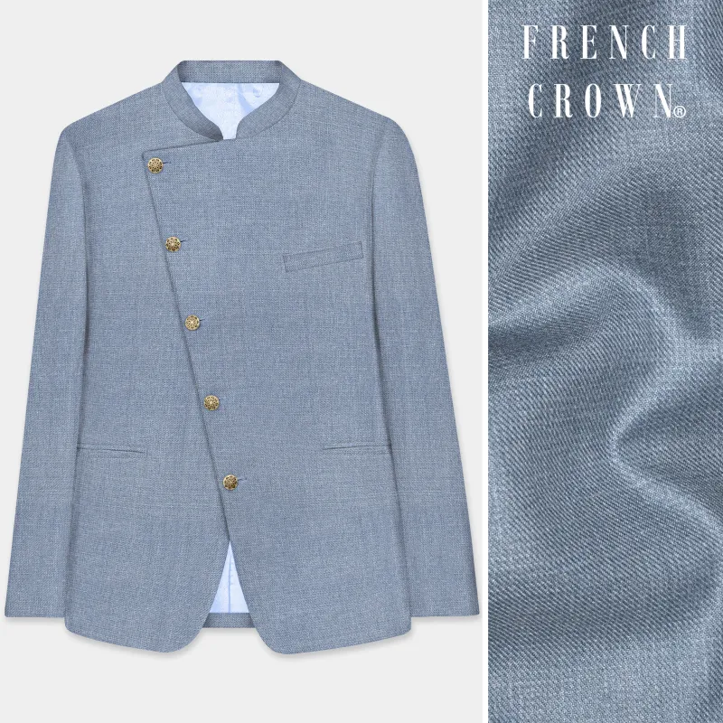 Bluish Windowpane Wool Rich Cross Placket Bandhgala Blazer sold by French Crown