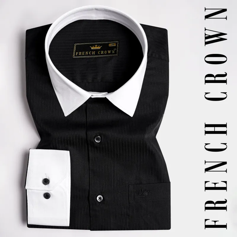 Jade Black Striped Dobby Textured with White Cuffs and Collar Premium Giza Cotton Shirt sold by French Crown