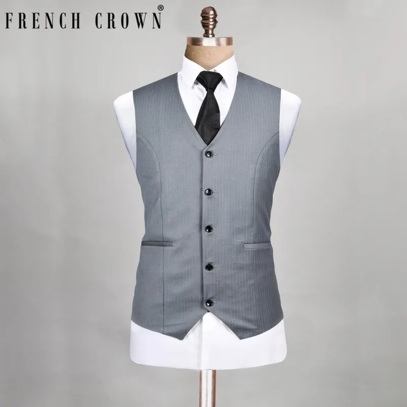 Hemsworth Metal Grey Striped Wool blend Waistcoat sold by French Crown