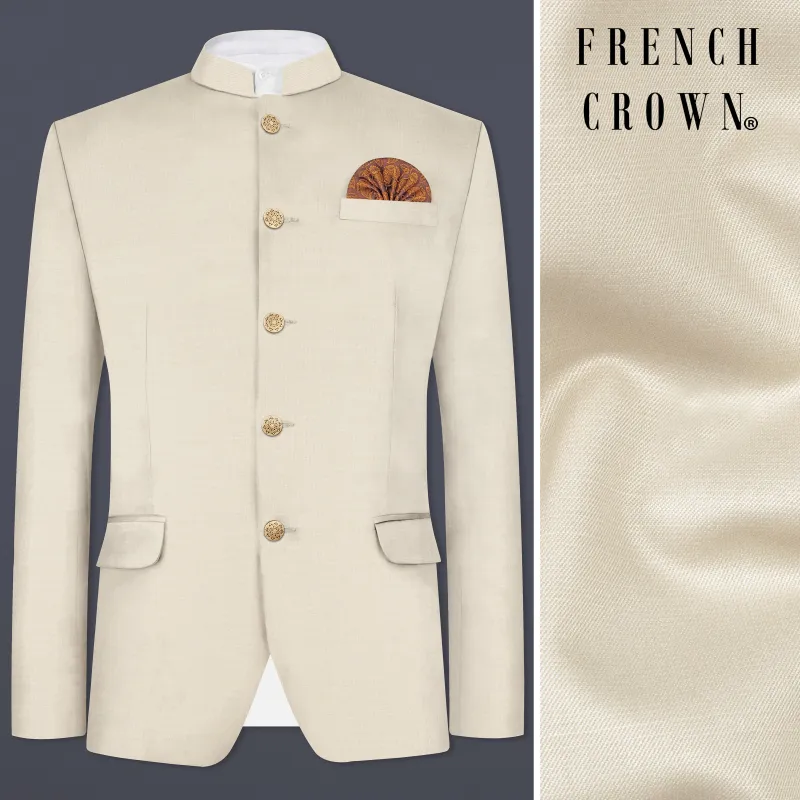 Moon Mist Cream Solid Wool Blend Bandhgala Blazer sold by French Crown