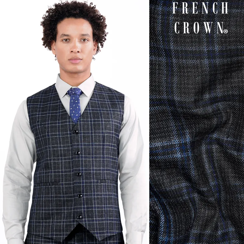 Bleached Black and Marine Blue Plaid Tweed Waistcoat sold by French Crown
