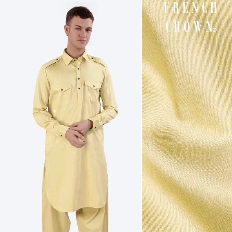 Sidecar Beige Subtle Sheen Super Soft Premium Cotton Pathani Kurta sold by French Crown
