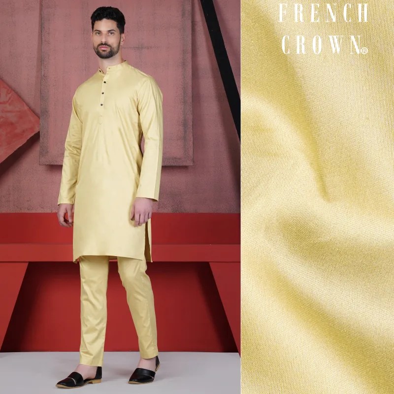 Sidecar Yellow Subtle Sheen Super Soft Premium Cotton Kurta Set made by French Crown
