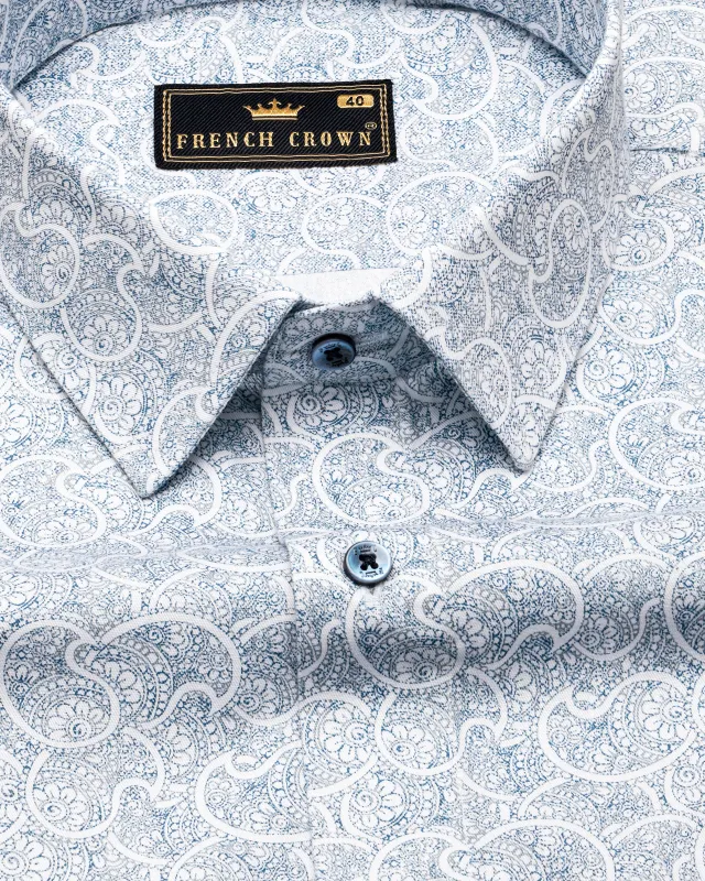 Calypso Blue and White Paisley Printed Super Soft Premium Cotton Shirt sold by French Crown