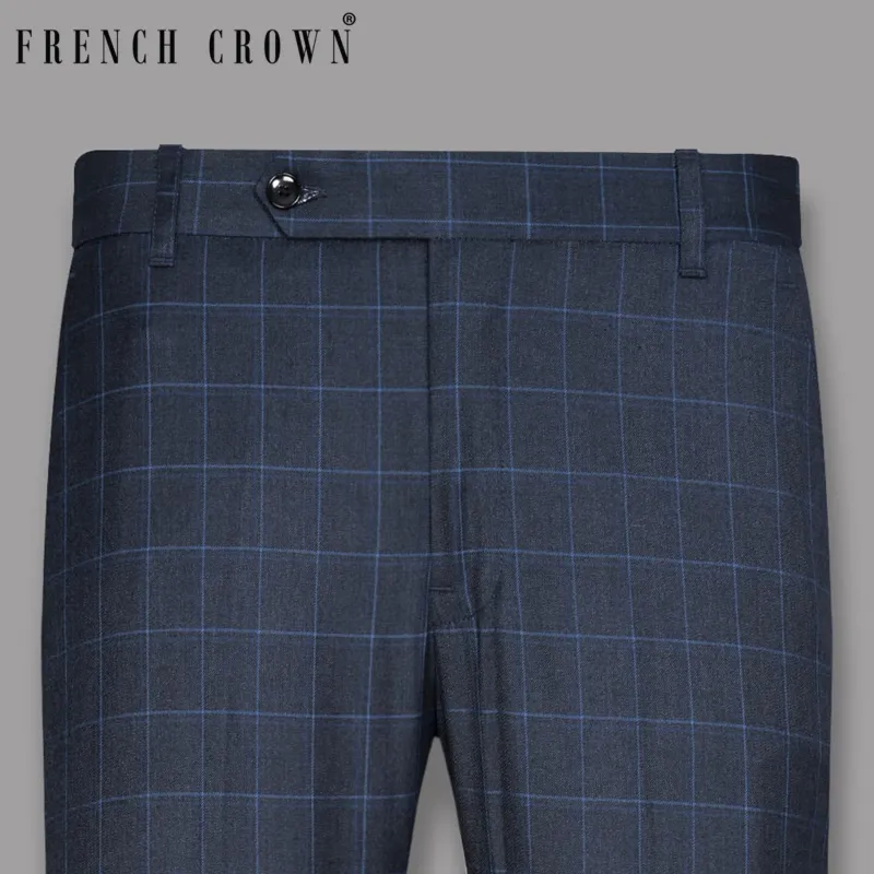 Blue Windowpane Wool Rich Pant sold by French Crown