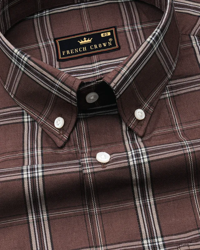 Buster Brown and Oyster Light Brown Twill Plaid Premium Cotton Shirt sold by French Crown